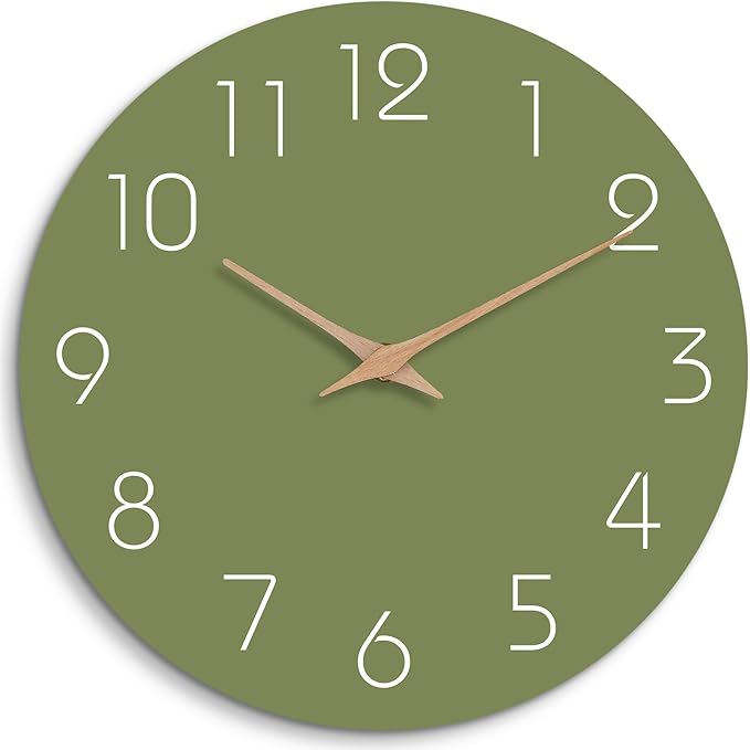Mosewa Modern Wall Clock Silent Non Ticking 12 Inch Olive Green Battery Operated Simple Minimalist for Living Room Office Bedrooms Kitchen Home Decor