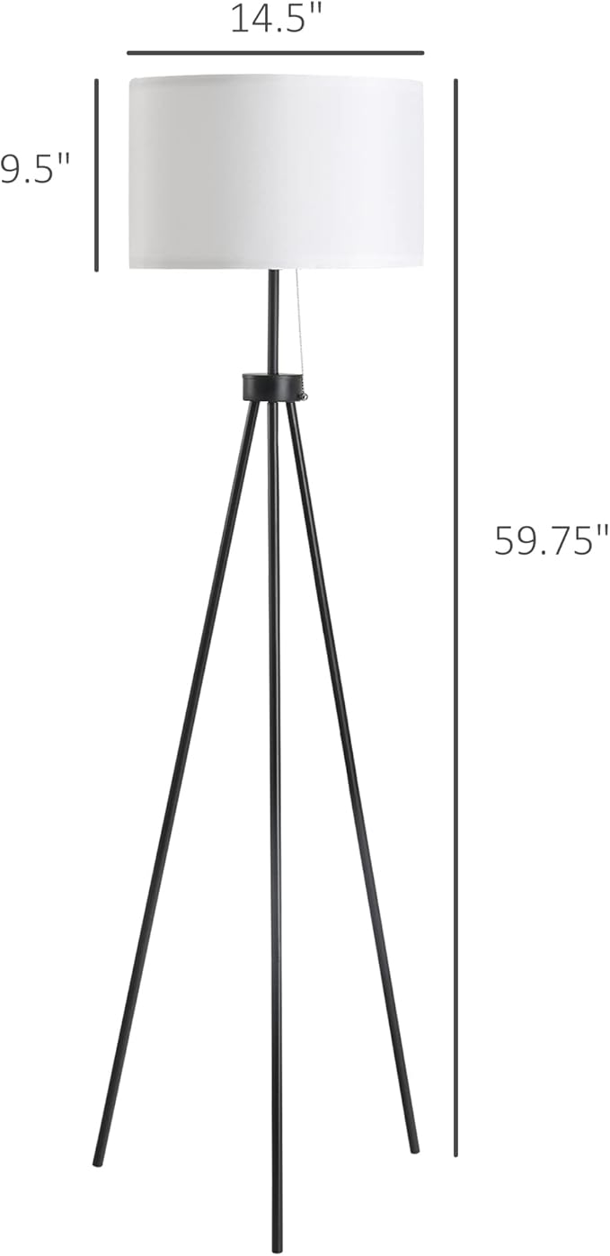 HOMCOM 59.75" Tripod Floor Lamp with Pull Chain Standing, Fabric Lampshade E26 Lamp Holder Steel for Living Room, Bedroom, Office, Black