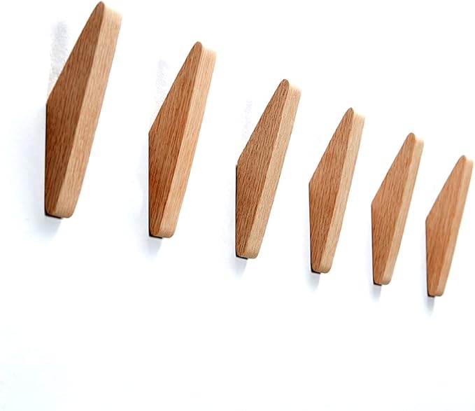Pack 6 Wood Wall Hooks, Oak Coat Hooks Minimalist Design Heavy Duty Robe Hook Wall Mounted Rustic Wooden Clothes Hanger Hat Rack Hooks for Hanging Bathroom Towels.