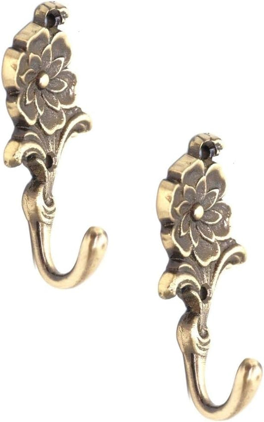 Multipurpose Hooks, Used to Hang Clothes, Bags, Coats, Curtain Hold Backs, Keys, Colour - Antique Gold, Material - Brass, Flower Design, Screws and Wallplugs Included, Pack of 2 Pieces