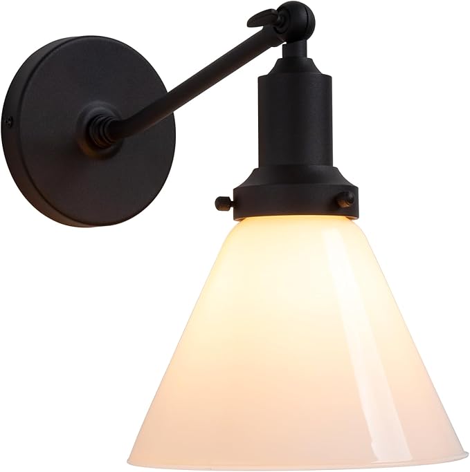 PERMO Industrial Vintage Slope Pole Wall Mount Single Sconce with Funnel Flared Milk White Glass Shade Wall Sconce Light Lamp Fixture Matte Black