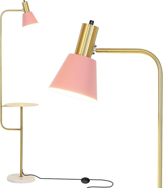 Hsyile Contemporary Modern Creative Floor Lamp with a Table,Suitable for Living Room,Den,Office,Bedroom - Standing Lamp Tall Floor Lamp - Brushed Brass Finish and Pink Lampshade