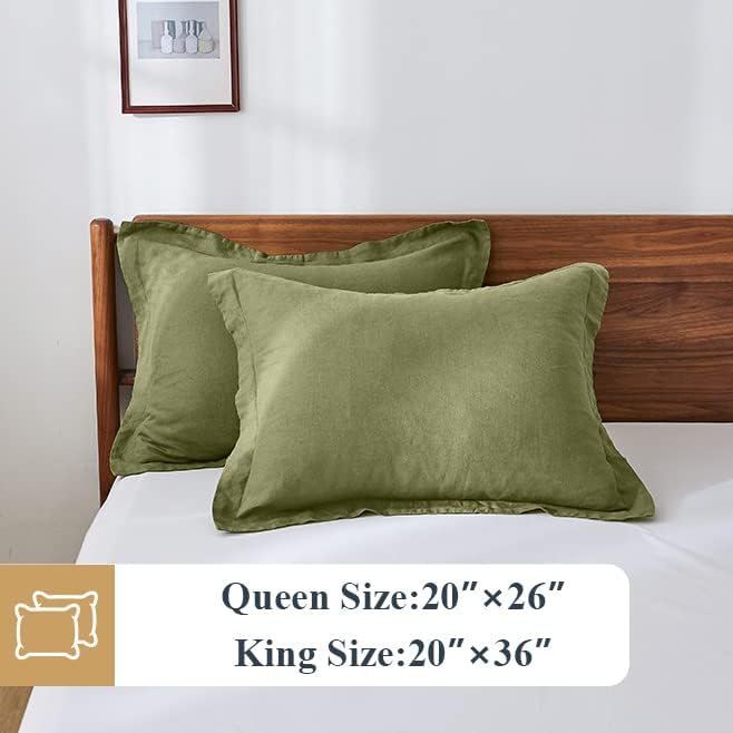 Simple&Opulence 100% Linen Pillow Case Queen Size Set of 2, Olive Green Pillow Covers with Overlap Closure, Luxury Breathable Pillowcases Protectors Suitable for All-Season (20" X 26", Olive Green)