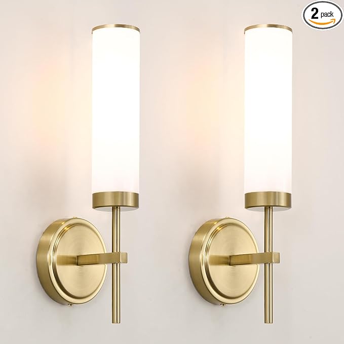 Gold Wall Sconces Set of 2, Modern Bathroom Sconces Wall Lighting with Opal White Glass, Vanity Light Fixtures for Bathroom, Brushed Brass Wall Mount Lights for Living Room Bedroom Hallway, Hardwired