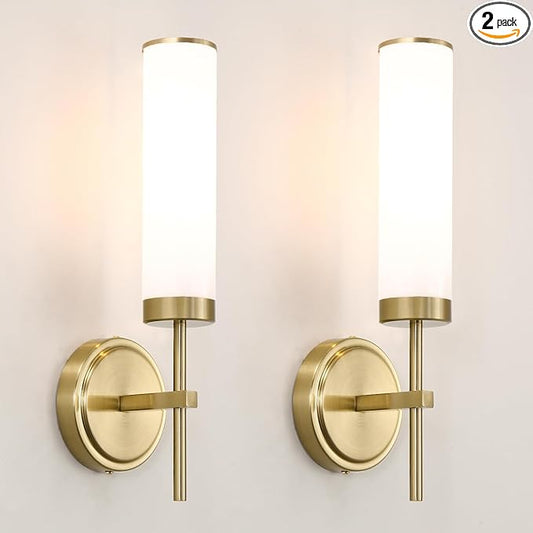 Gold Wall Sconces Set of 2, Modern Bathroom Sconces Wall Lighting with Opal White Glass, Vanity Light Fixtures for Bathroom, Brushed Brass Wall Mount Lights for Living Room Bedroom Hallway, Hardwired