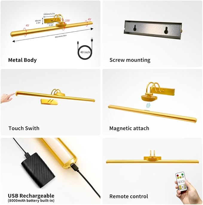 26" Wireless Picture Lights, Rechargeable Battery Art Display Light with Remote Control, Dimmable/Timer Off Dartboard Light, 3 Lighting Modes Full Metal Painting Display Lights (Gold-2 Pack)