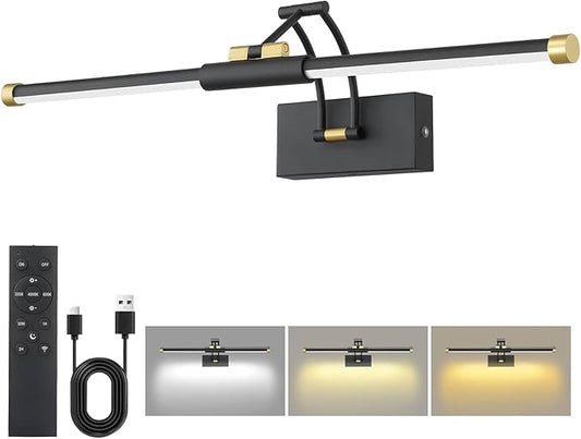 24“ Picture Lights for Wall Battery Operated, Wireless Picture Lights with Remote, Rechargeable Wall Light 3000K/4000K/6000K Dimmable, Art Lighting for Paintings Frame Gallery Dartboard, Black Gold