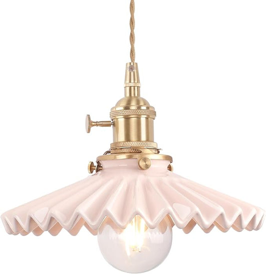 Pendant Light with Pink Pleated Ceramic Lmapshade, Brass Vintage Pendant Light Adjustable Hanging Light for Kitchen Island Dining Room Hallway