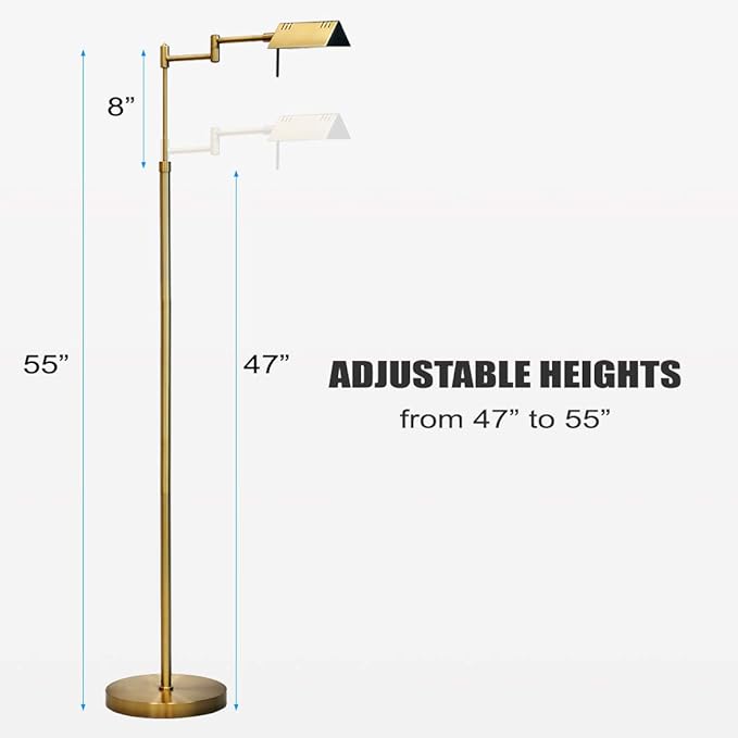 O’Bright Dimmable LED Pharmacy Floor Lamp, 12W LED, Full Range Dimming, 360 Degree Swing Arms, Adjustable Heights, Standing Lamp for Reading, Sewing, and Craft, ETL Listed, Antique Brass (Gold)