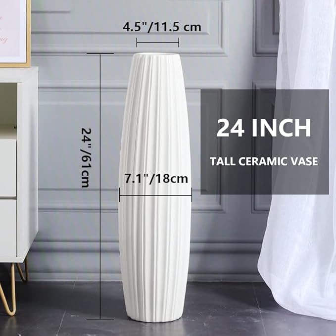 White Tall Floor Vase, 24" Ceramic Large Vase, Decorative Flower Vases for Modern Home Decor Living Room Office Bedroom Kitchen Wedding Centerpieces Farmhouse Décor