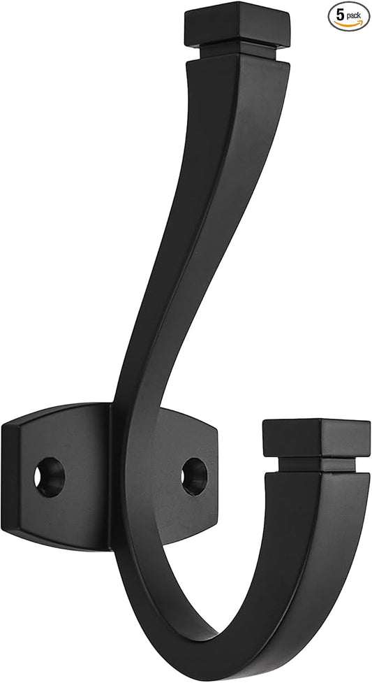 TUNNY Coat Hooks - 5 Pack Matte Black Towel Hooks Robe Hooks Decorative Wall Hooks for Bathroom Bedroom Kitchen Towel Robe Clothes Cabinet Closet Bathroom Hardware