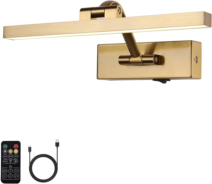 Picture Light with Remote 3 Colors Wireless Art Lights for Paintings,Rotatable Wall Sconce Rechargeable Battery Powered Painting Light,Dimmable Light Over Picture Frame for Gallery,Brass 11.6 inch