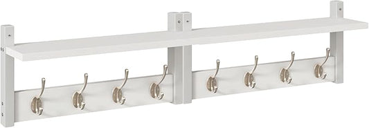 YMYNY Coat Rack Shelf Wall Mounted, Coat Hooks Set of 2, Entryway Coat Hanger with 4 Double Hooks, 31.5" Wall Floating Shelf with Hat Rack, for Kitchen, Bedroom, Bathroom, White UHWS001W-2