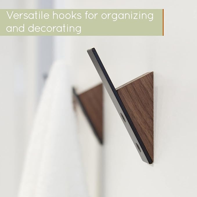 Homeforia Walnut Wood Coat Hooks, High End Walnut Wood & Black Metal Wall Mounted Coat Hooks, Mid-Century Modern Clothes Hooks, Heavy Duty Wooden Hooks for Hanging Coats, Hats, Towels & More, Set of 2