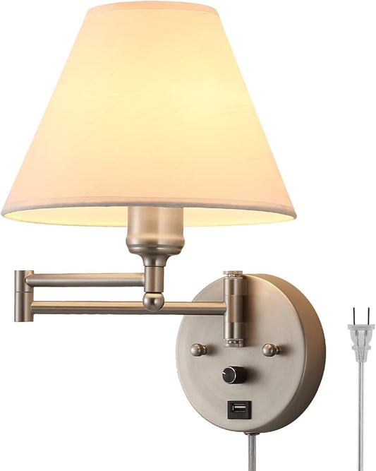 Swing Arm Wall Sconces, Plug-in Wall lamp,Bedroom Wall lamp ， White Fabric Shade，，with dimmable Switch and USB Charging Port, Suitable for Bedside, Living Room, Reading (Nickel)