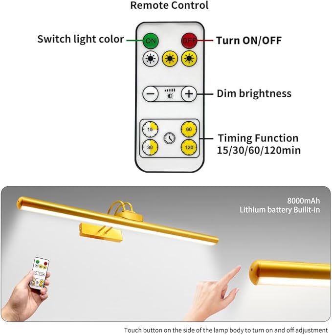 26" Wireless Picture Lights, Rechargeable Battery Art Display Light with Remote Control, Dimmable/Timer Off Dartboard Light, 3 Lighting Modes Full Metal Painting Display Lights (Gold-2 Pack)