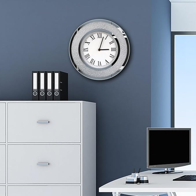 DMDFIRST Bling Silver Round Mirror Clock 12inch. Glam Sparkle Twinkle Shining Mirrored Wall Clock for Wall Decoration Silver Glass Mirror Home Decor. AA Battery is not Included.