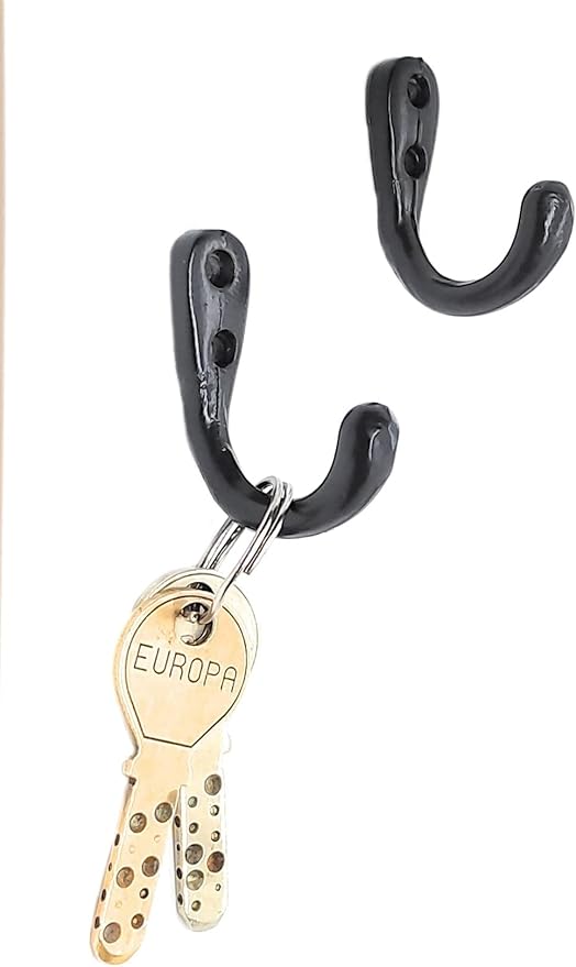 Multipurpose Hooks, Used to Hang Clothes, Bags, Coats, Curtain Hold Backs, Keys, Colour - Black, Material - Aluminium, Screws and Wallplugs Included, Pack of 2 Pieces