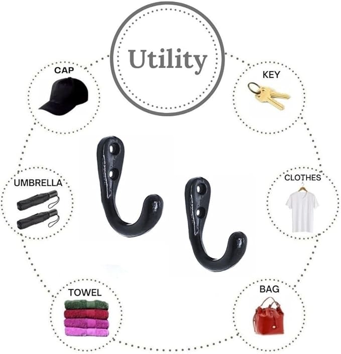 Multipurpose Hooks, Used to Hang Clothes, Bags, Coats, Curtain Hold Backs, Keys, Colour - Black, Material - Aluminium, Screws and Wallplugs Included, Pack of 4 Pieces