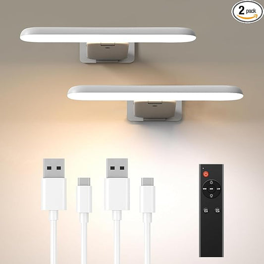 2 Pack Picture Lights for Wall, Rechargeable LED Picture Light Battery Operated with Remote, Dimmable Poster Light for Paintings, Portraits, Art Frames, Display Lighting for Wall Decor,White
