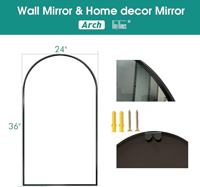 TinyTimes 24"x36" Arched Wall Mirror, Vanity Mirror, with Metal Frame, for Bathroom, Bedroom, Entryway, Modern & Contemporary Wall Mirror - Black