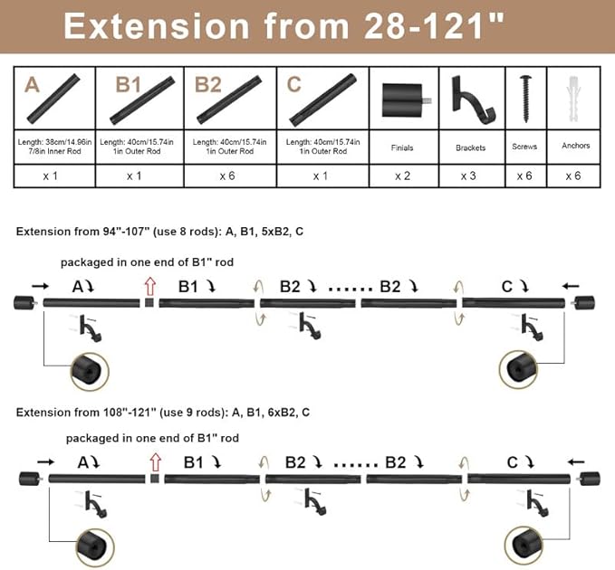 Matte Black Curtain Rod for Window 28-121", Adjustable 1-Inch With Cap Finials, Decorative Window Treatment Splicing Drapery Rod