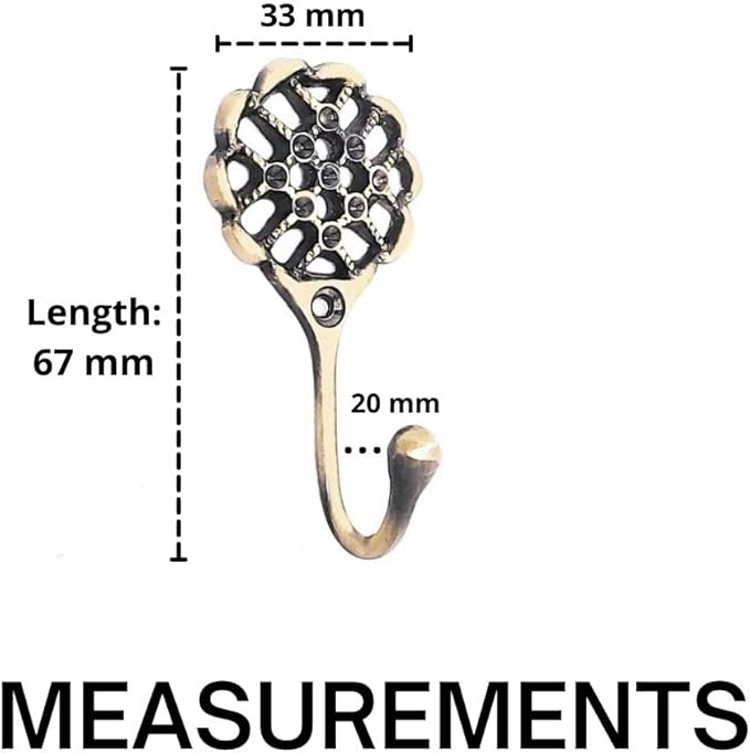 Multipurpose Hooks, Used to Hang Clothes, Bags, Coats, Curtain Hold Backs, Keys, Colour - Antique Gold, Material - Brass, Mesh Design, Screws and Wallplugs Included, Pack of 2 Pieces