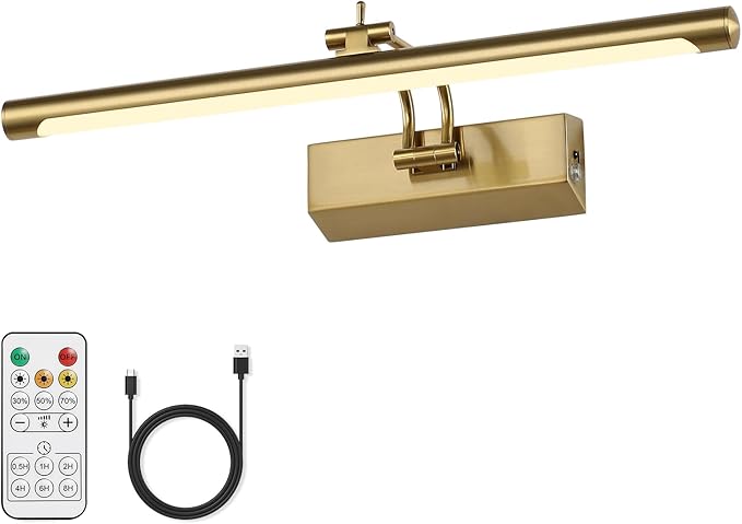 Joosenhouse Battery Operated Picture Light 5000mAh Rechargeable Wall Light 15.7" Wireless Picture Lights for Wall with Remote Control for Paintings Photo Spot Lights Indoor Brass Color