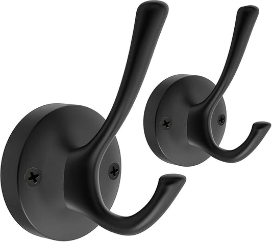 Black Towel Hooks, 2 Pack Coat Robe Hook Heavy Duty Metal Double Bathrobe Hook Wall Mounted, Hand Towels Hooks for Cubicle Bathroom Kitchen Closet Garage
