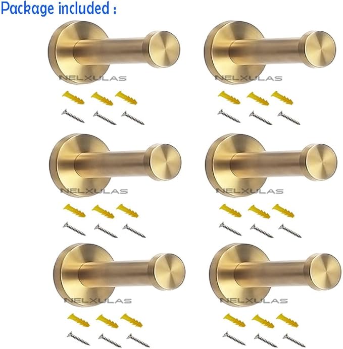 Golden Brushed Stainless Steel Single Super Heavy Duty Wall Mount Hook, Bath Towel Hooks, Coat Hanger 6 PCS (2-4/5 INCH)