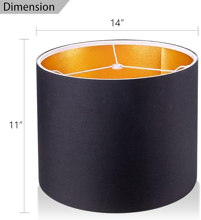 Wellmet 14"x14"x11" Assembly Required Lampshade for Table Lamp, Bedside Lamp, Floor Lamp, Fabric Drum Lampshade Classic Modern Style, Spider Fitter, Black Gold