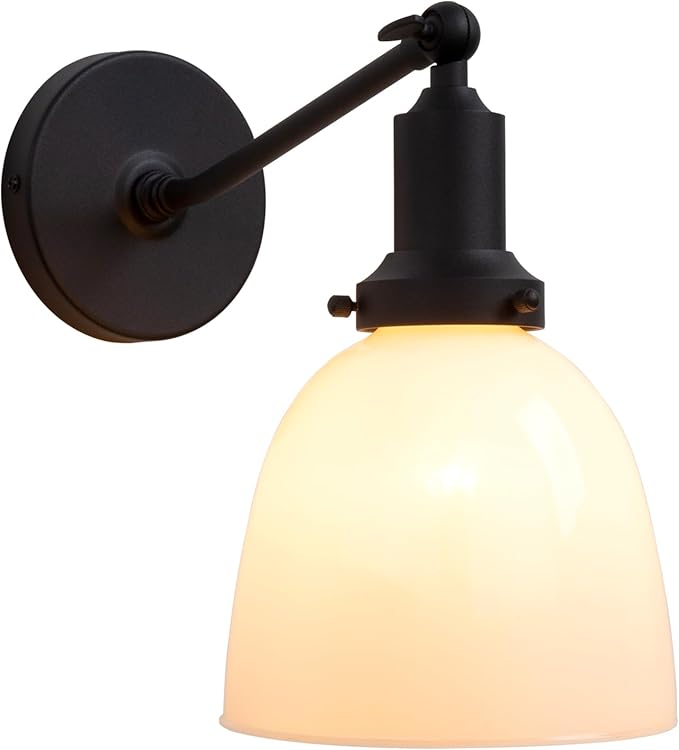 PERMO Industrial Sconces Vintage Slope Pole Wall Mount Single Sconce with 6.7" Oval Dome Milk White Glass Shade Wall Light Fixture for Livingroom Bedroom