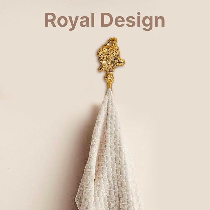 Multipurpose Hooks, Used to Hang Clothes, Bags, Coats, Curtain Hold Backs, Keys, Colour - Full Gold, Material - Brass, Flower Design, Screws and Wallplugs Included, Pack of 4 Pieces