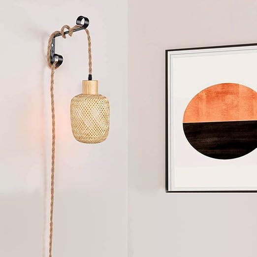 Arturesthome 16.4FT- Wood Pendant Light Cord Kit with Dimmable Switch,Vintage Industrial Hanging Plug in Lamp Cord with Twisted Nylon Rope Socket E26 E27 for Farmhouse Lamp Cable Retro DIY