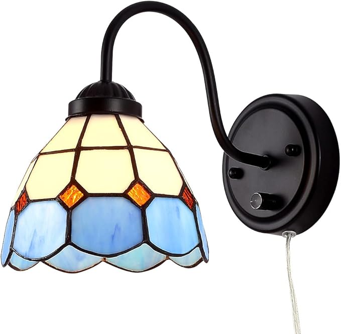 Tiffany Bedside Wall Mount Lamp with Dimmable Switch, Industrial Vintage Gooseneck Wall Sconce with Plug in Cord, Sea Blue Stained Glass Shade Wall Light Perfect for Bedroom, Living Room and Hotel