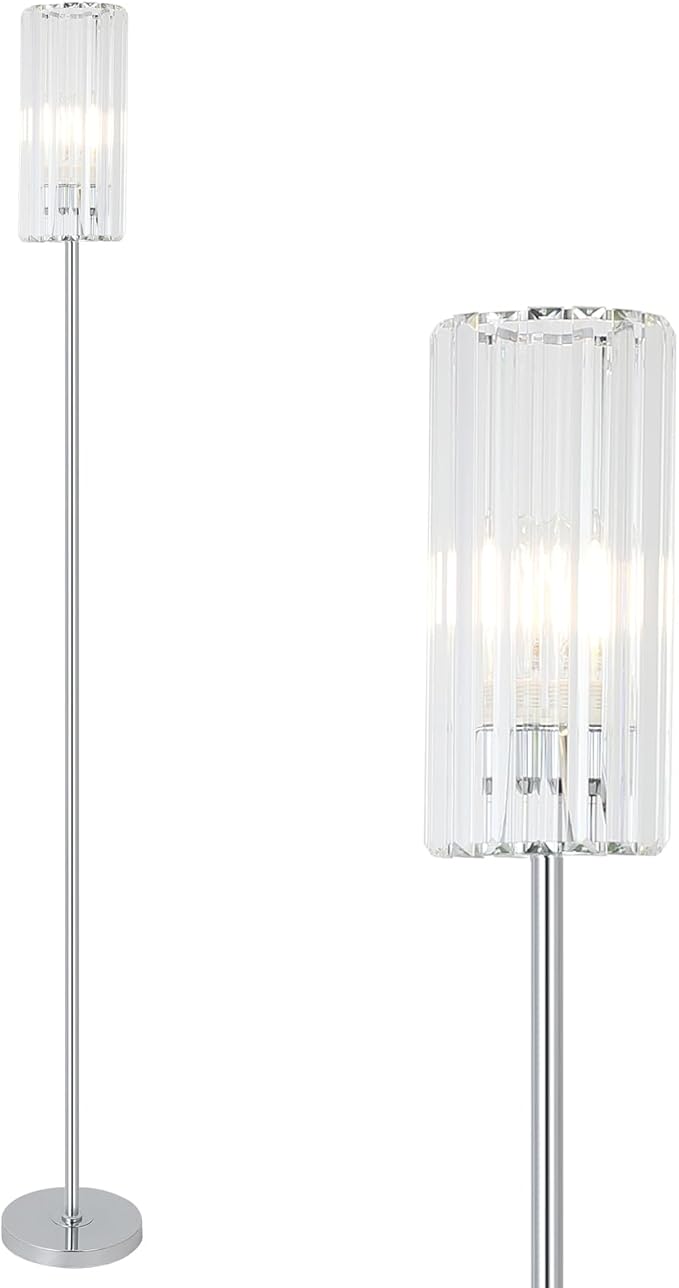 HMVPL Chrome Floor Lamp for Living Room, Modern Pole Floor Lamp for Bedroom with K9 Crystal Shade, Silver Standing Lamp for Corner with On/Off Switch,Elegant Tall Lamp for Nursery Kids Girls Room Home