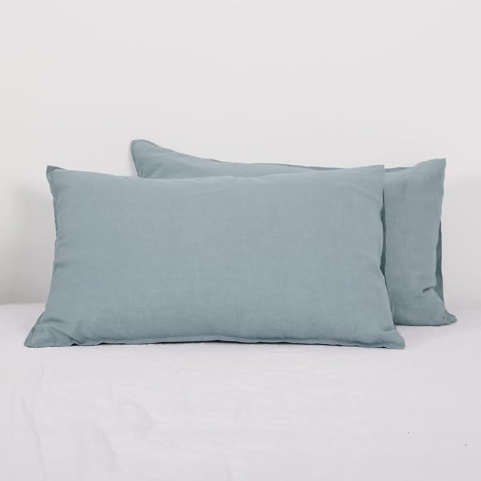 Simple&Opulence 100% Linen Pillowcases Basic Style Solid Color Set of 2, Queen Size Stone Washed Flax Pillow Cover Envelope Closure (20''x30'', Dusty Blue)