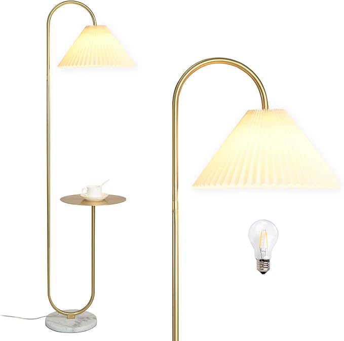 beaysyty Modern Elegant with Tray Floor Lamp for Office Cafe Den Living Room Bedroom, Foot Switch and Brass/Gold Finish,Light Yellow Pleated Cloth Lampshade
