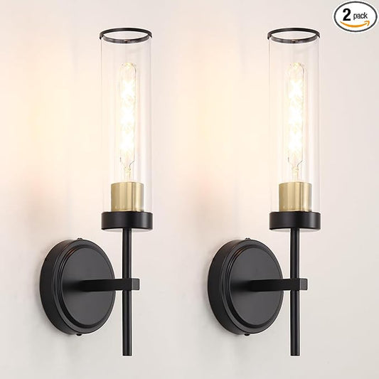 Wall Sconces Set of Two, Black and Gold Bathroom Sconces Wall Lighting with Clear Glass, Modern Sconces Wall Decor Set of 2, Farmhouse Wall Mount Lights for Mirror Bedroom Living Room Hallway Kitchen