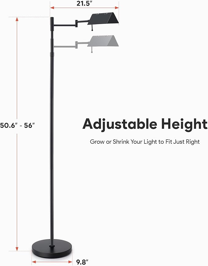 VONLUCE Dimmable LED Floor Lamp, 56" Floor Lamp for Living Room with Adjustable Height Swing Arms 3 Color Temperatures, Industrial Standing Pole Lamp for Bedroom Reading, Black