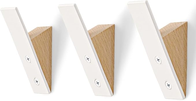 Homeforia Beech Wood Coat Hooks, High End Beech Wood & White Metal Wall Mounted Clothing Hooks, Mid-Century Modern Coat Hooks, Heavy Duty Wooden Hooks for Hanging Coats, Hats, Towels & More, Set of 3