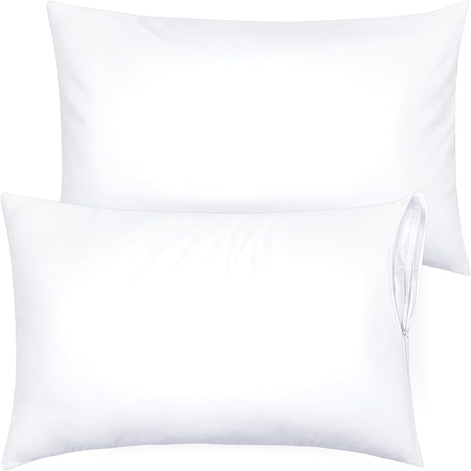 Ultra Soft Pillow Protectors with Zipper Standard Size - Set of 2 Breathable Pillow Covers - 100% Protection Against Stains, Dust & Dirt - Machine Washable (White)