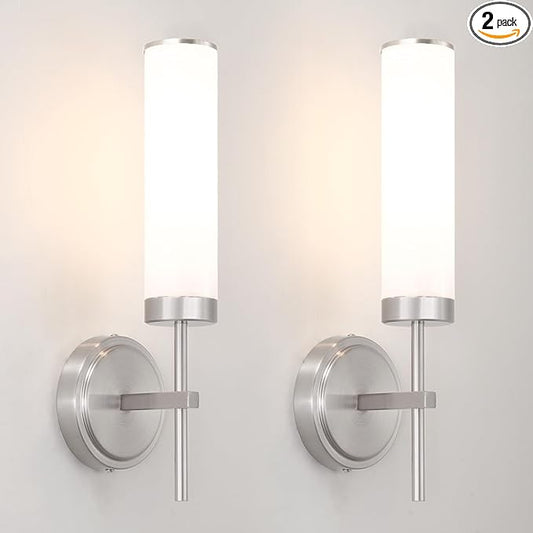 Brushed Nickel Wall Sconces Set of 2, Modern Bathroom Sconces Wall Lighting with Opal White Glass, Vanity Light Fixtures for Bathroom, Wall Mount Lights for Living Room Bedroom Hallway, Hardwired