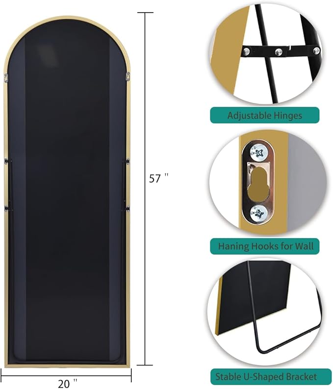 TinyTimes 57"x20" Arched Full Length Mirror, Full Floor Mirror with Stand, Large Full Body Mirror, Wall Mirrors for Bedroom Living Room, Aluminum Frame (Gold)