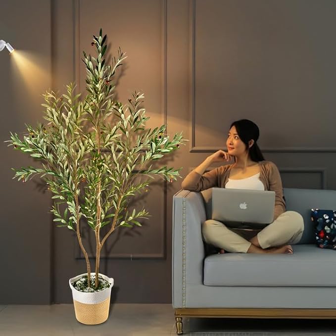 kockuu Olive Trees Artificial Indoor with LED Light, 6FT Tall Faux Olive Tree Plant with Basket and Natural Wood Branches & Fruits, Fake Tree Planter for Living Room Home Office Decor