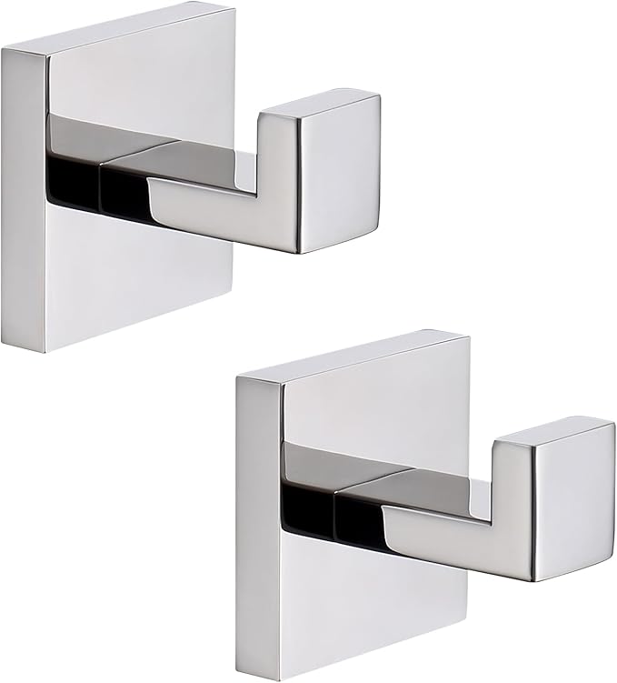 TASTOS Bath Towel Hooks Premium Stainless Steel Robe Coat and Clothes Hook, Heavy Duty Square Wall Mounted Modern Hook for Bathroom & Kitchen, Polished Chrome Finish, 2Pack