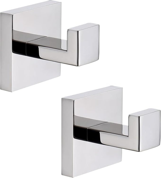 TASTOS Bath Towel Hooks Premium Stainless Steel Robe Coat and Clothes Hook, Heavy Duty Square Wall Mounted Modern Hook for Bathroom & Kitchen, Polished Chrome Finish, 2Pack