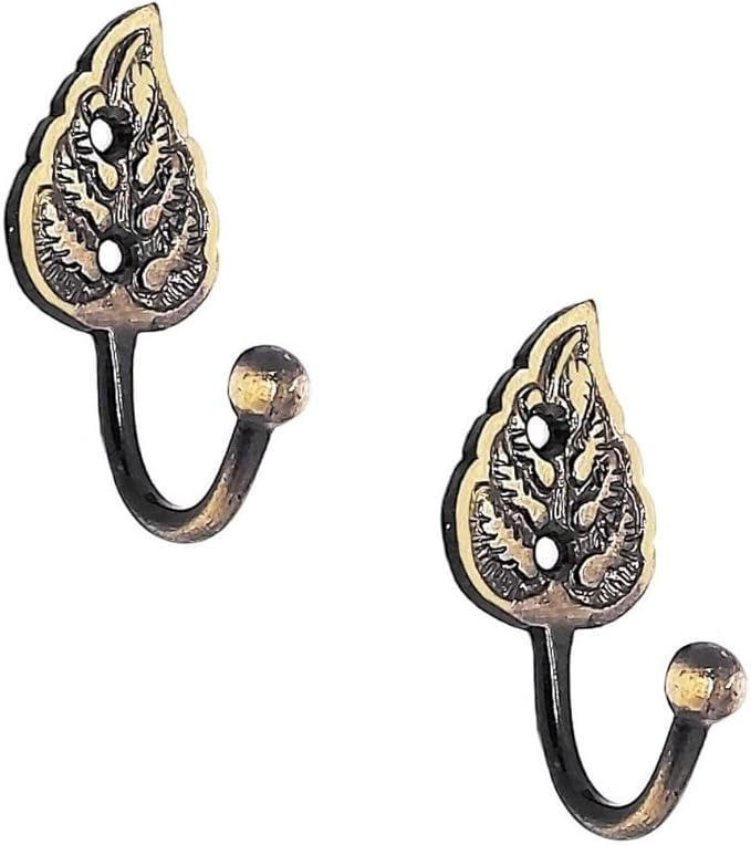 Multipurpose Hooks, Used to Hang Clothes, Bags, Coats, Curtain Hold Backs, Keys, Colour - Antique Gold, Material - Brass, Leaf Design, Screws and Wallplugs Included, Pack of 10 Pieces