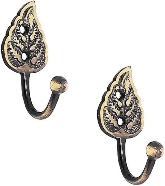 Multipurpose Hooks, Used to Hang Clothes, Bags, Coats, Curtain Hold Backs, Keys, Colour - Antique Gold, Material - Brass, Leaf Design, Screws and Wallplugs Included, Pack of 10 Pieces