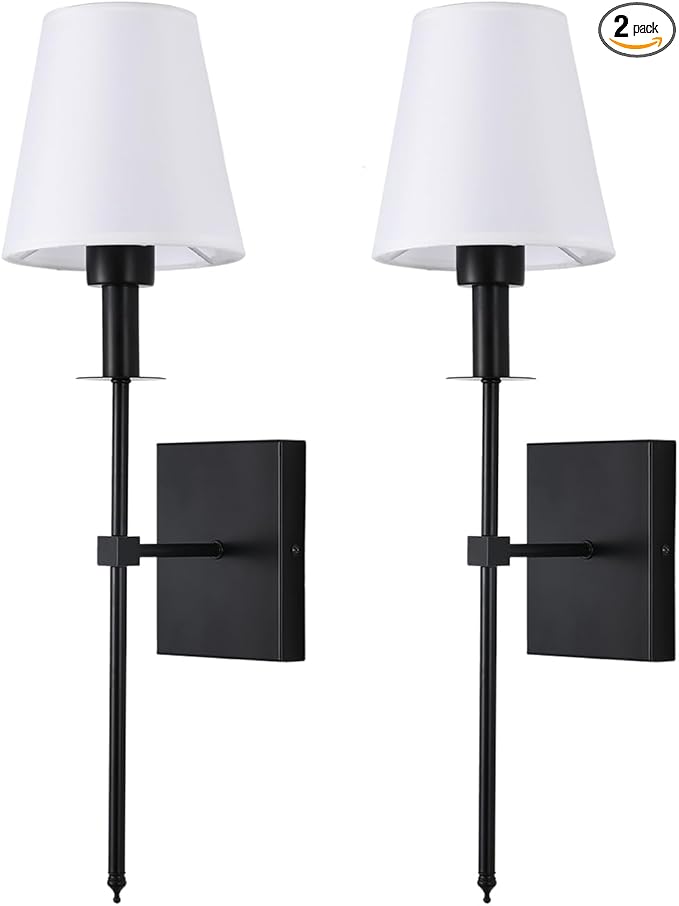 Wall Lamps for Bedrooms Set of 2, Black Retro Wall Mounted Bedside Lamps Sconces Lighting with Fabric Shade for Bedroom Living Room Corridor Kitchen